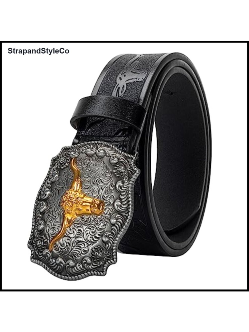 Western Cowboy Floral Engraved Buckle PU Leather Belt Jeans